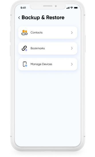 Backup & Restore local backup screen saving contacts and bookmarks on device.