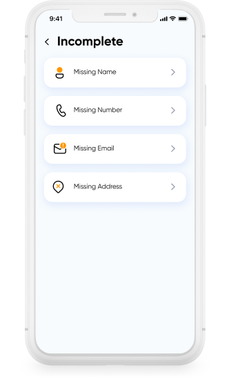 Contacts Cleaner identifying incomplete contacts missing names or phone numbers.