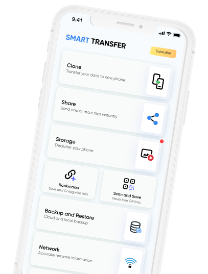 Smart Transfer app dashboard showing all-in-one data management tools for file sharing, cloning, and backup.