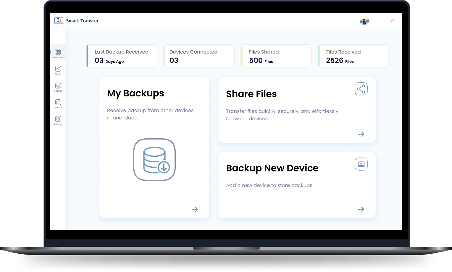 Smart Transfer Desktop App on a laptop showing My Backups, Share Files, and Backup New Device options.