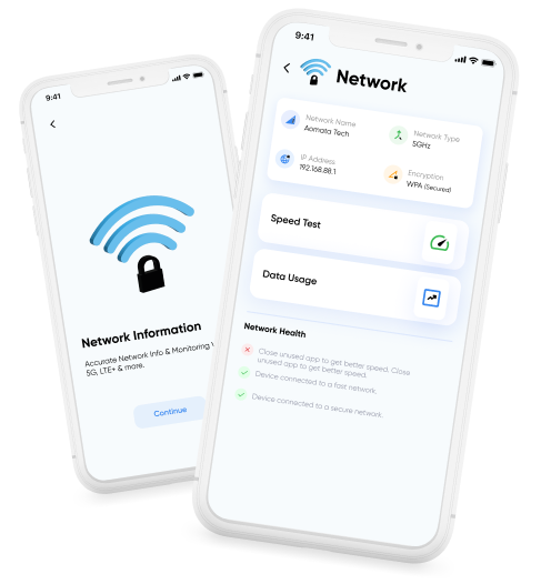 Network Information hero image showing Smart Transfer network status, speed test, and connection details.