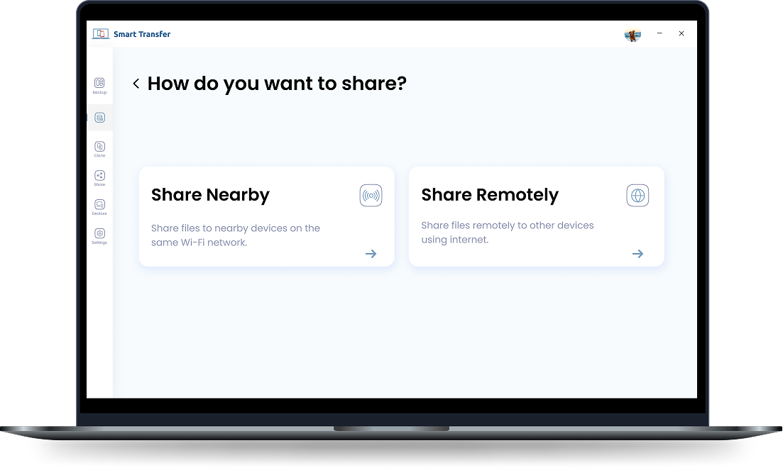 Smart Transfer share screen with Share Nearby and Share Remotely options