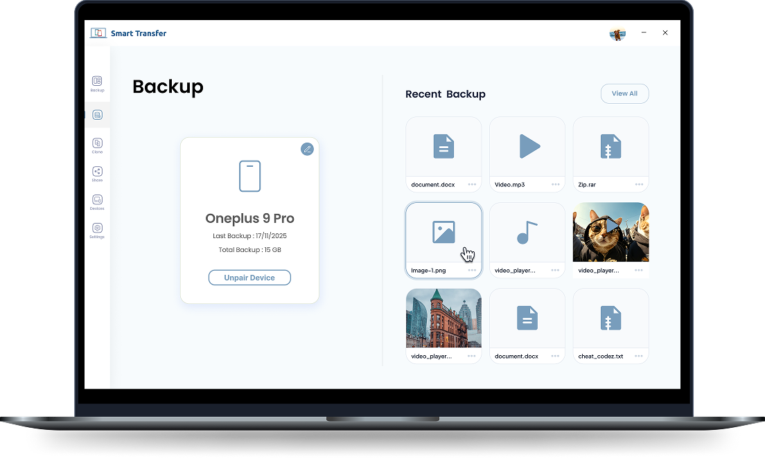 Smart Transfer backup screen showing a paired phone and recent backup files