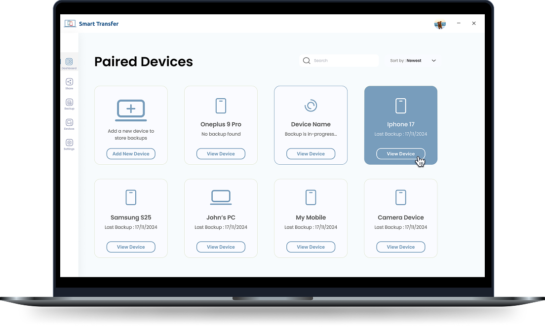Smart Transfer paired devices dashboard