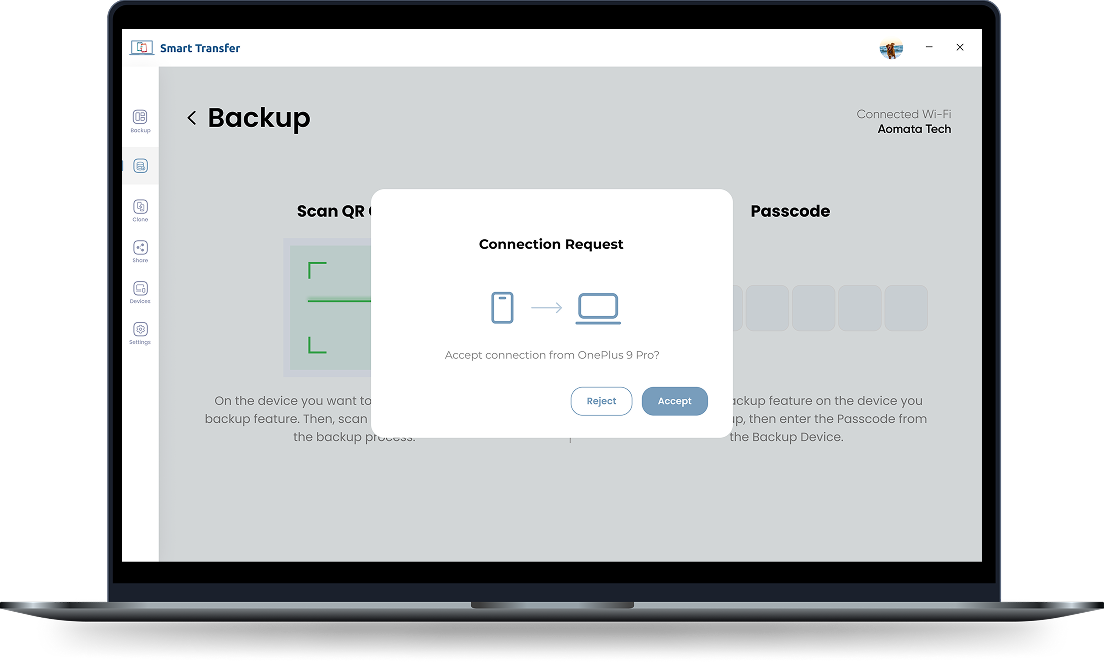 Smart Transfer connection request dialog on the backup screen